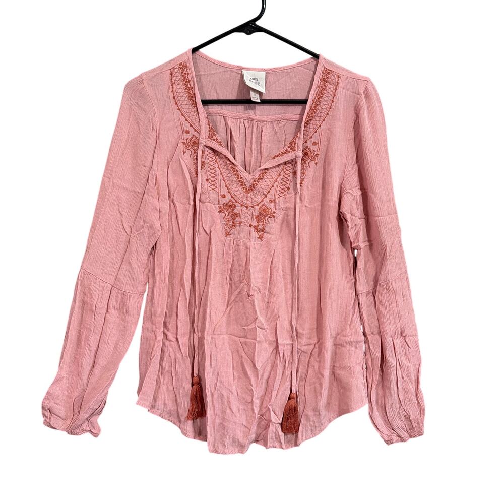 Knox Rose Womens Shirt Pink Embroidered V Neck Tassels Long Sleeve Small